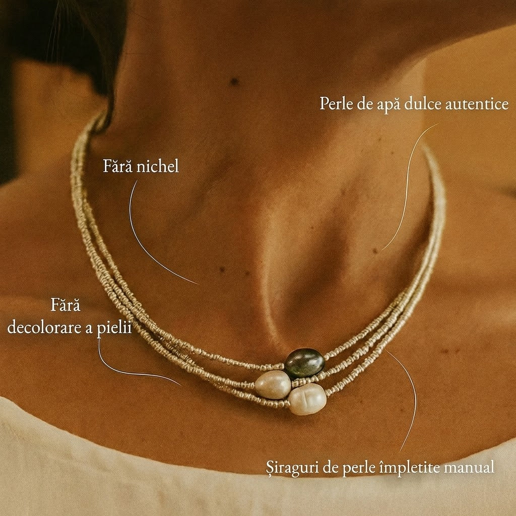 Helene – O fină colier de perle cu mai multe fire în nuanțe naturale armonioase.